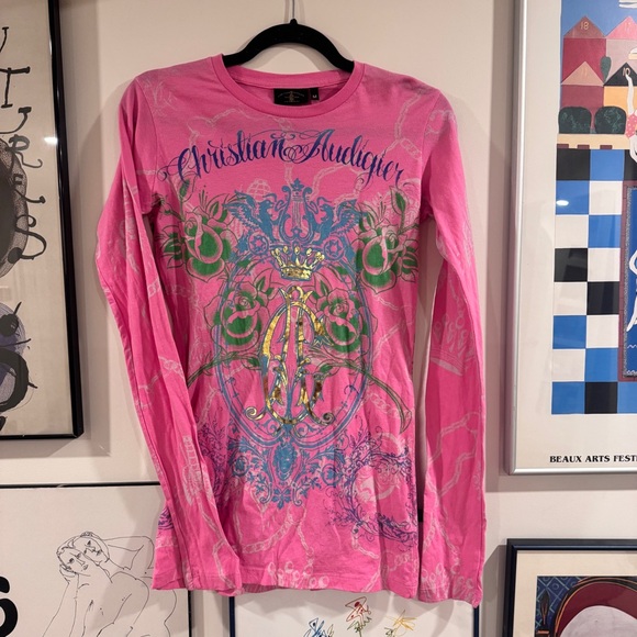 Y2K Christian Audigier Pink Graphic Long Sleeve Tee - size M - Picture 1 of 16